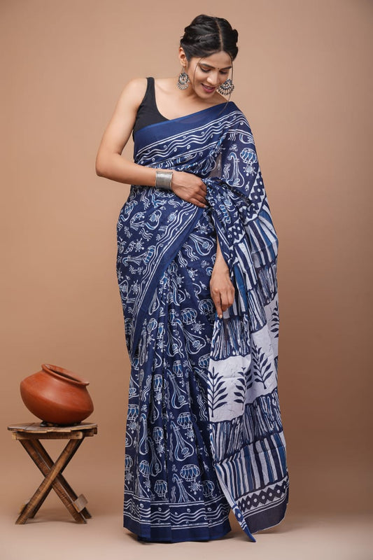 Indigo Blue Sitaar Printed Handloom Cotton Mulmul Saree