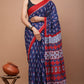 Red Blue Pattern Printed Handloom Cotton Mulmul Saree