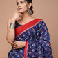 Red Blue Pattern Printed Handloom Cotton Mulmul Saree