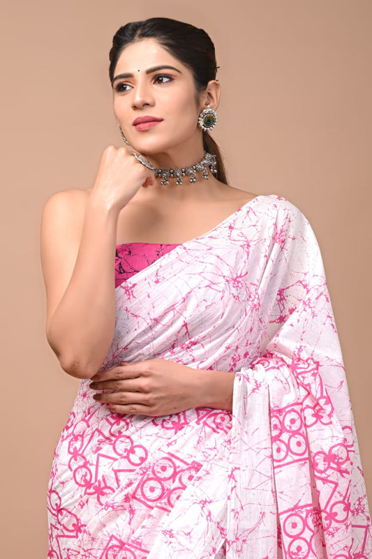 White & Pink Printed Handloom Cotton Mulmul Saree