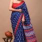 Navy Blue Printed Handloom Cotton Mulmul Saree