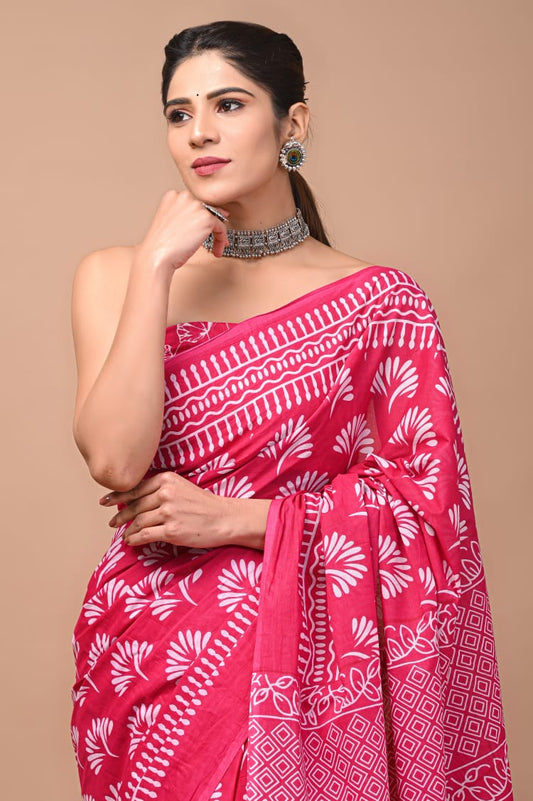 Pink Printed Handloom Cotton Mulmul Saree