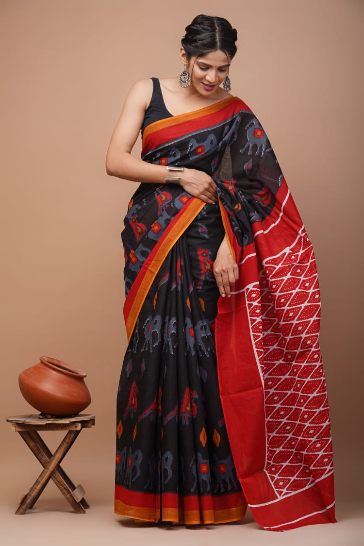 Black & Red Printed Handloom Cotton Mulmul Saree