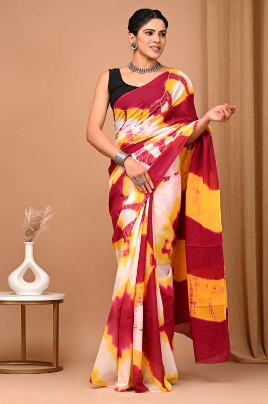 Brick Red & Orange Tie-N-Dye Printed Handloom Cotton Mulmul Saree