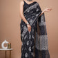 Black Block Printed Handloom Cotton Mulmul Saree