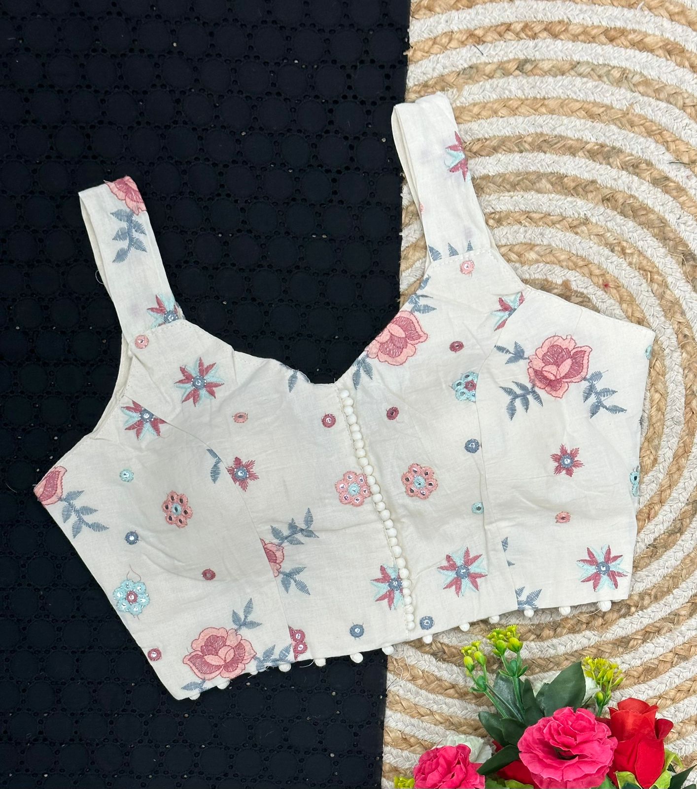 Cambric Cotton Designer Blouse With Embroidery And Sequined Work