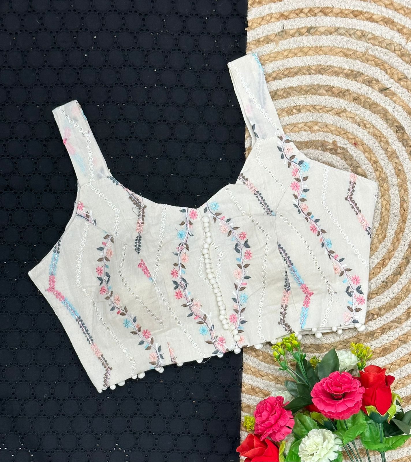 Cambric Cotton Designer Blouse With Embroidery And Sequined Work