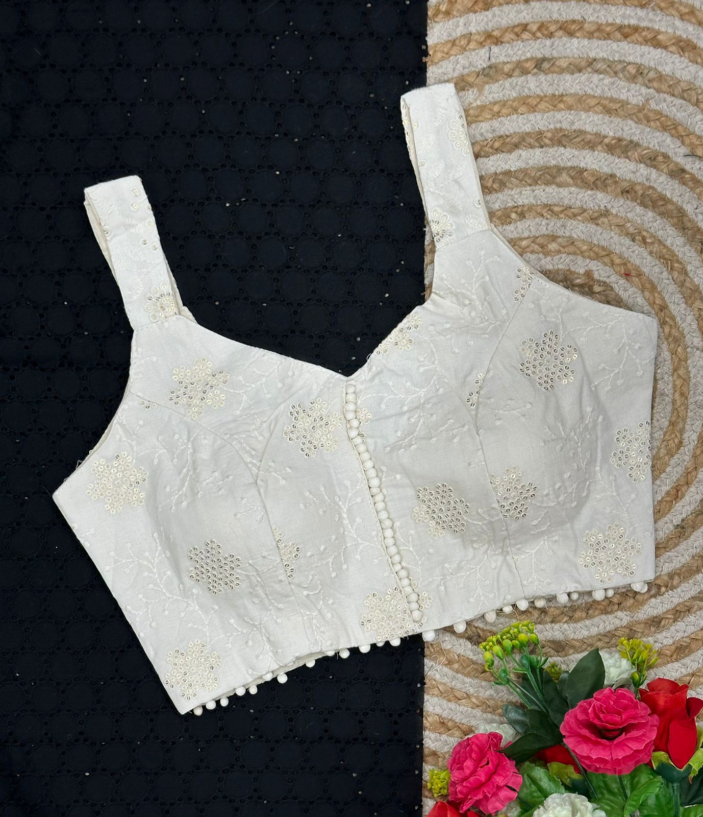 Cambric Cotton Designer Blouse With Embroidery And Sequined Work