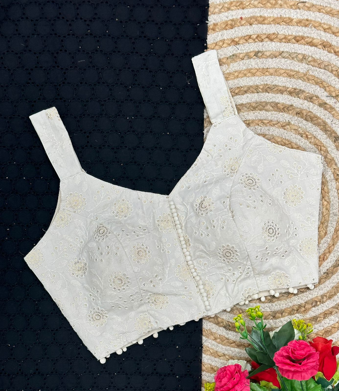 Cambric Cotton Designer Blouse With Embroidery And Sequined Work