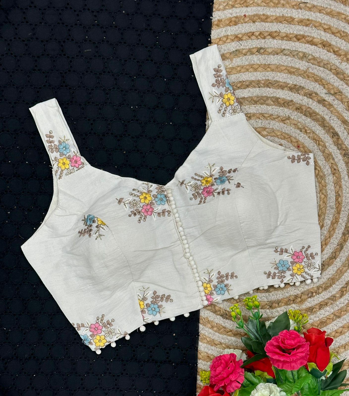 Cambric Cotton Designer Blouse With Embroidery And Sequined Work