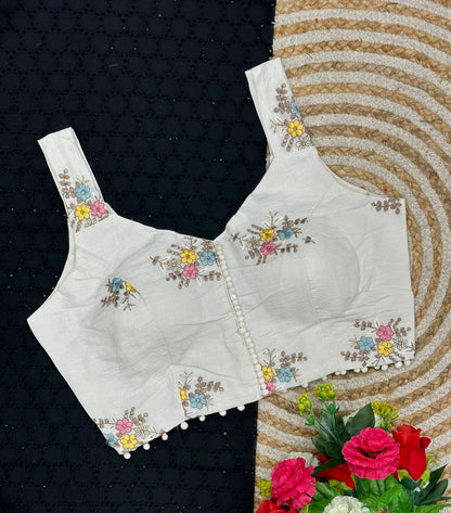 Cambric Cotton Designer Blouse With Embroidery And Sequined Work
