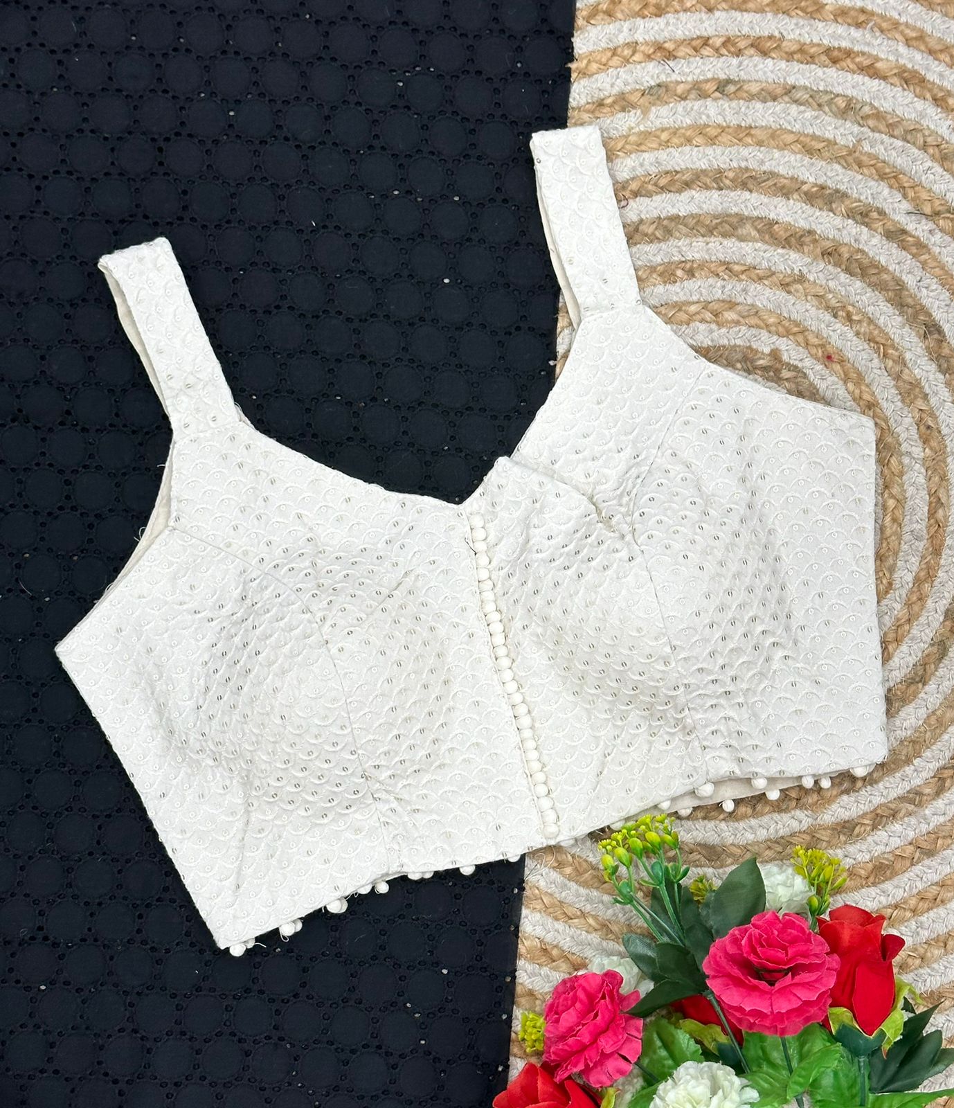 Cambric Cotton Designer Blouse With Embroidery And Sequined Work