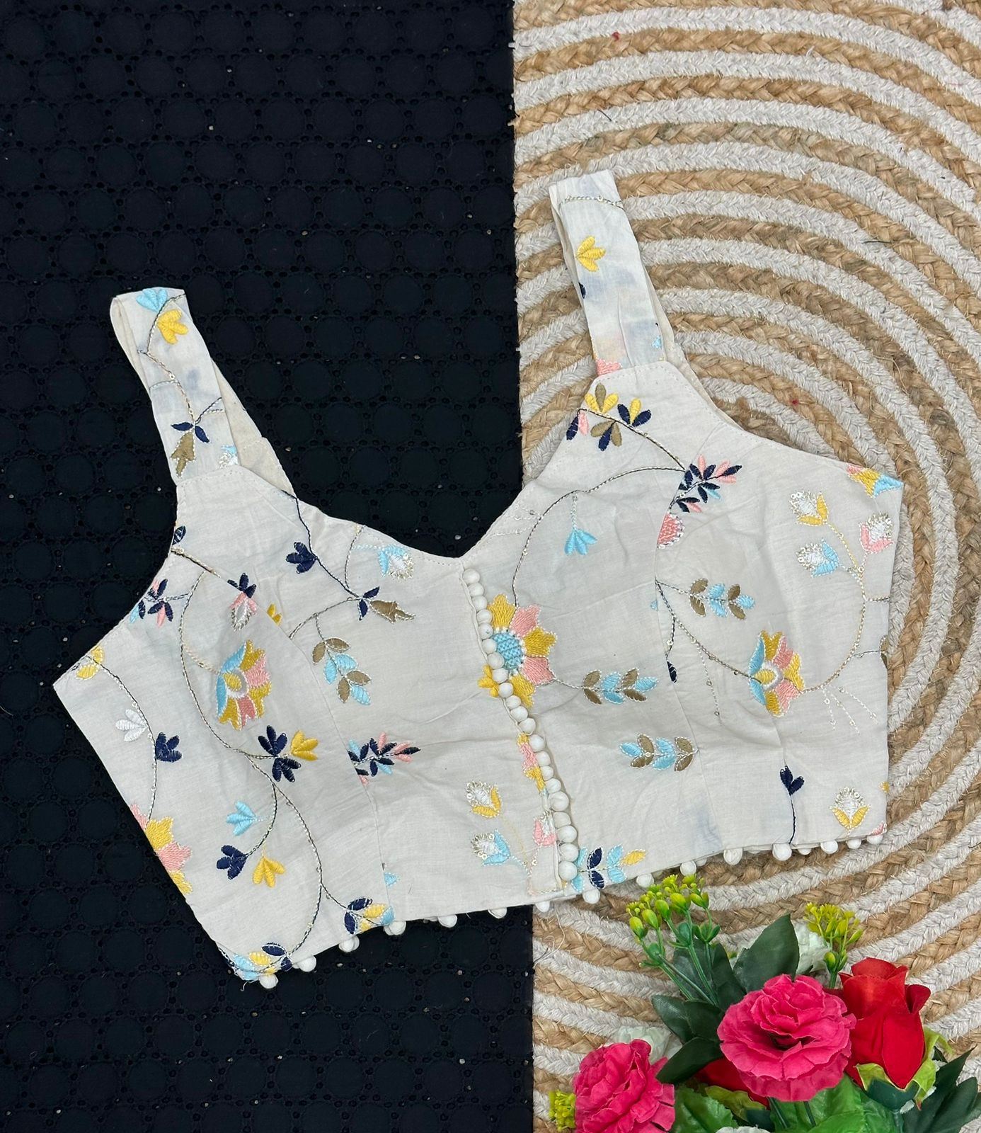 Cambric Cotton Designer Blouse With Embroidery And Sequined Work