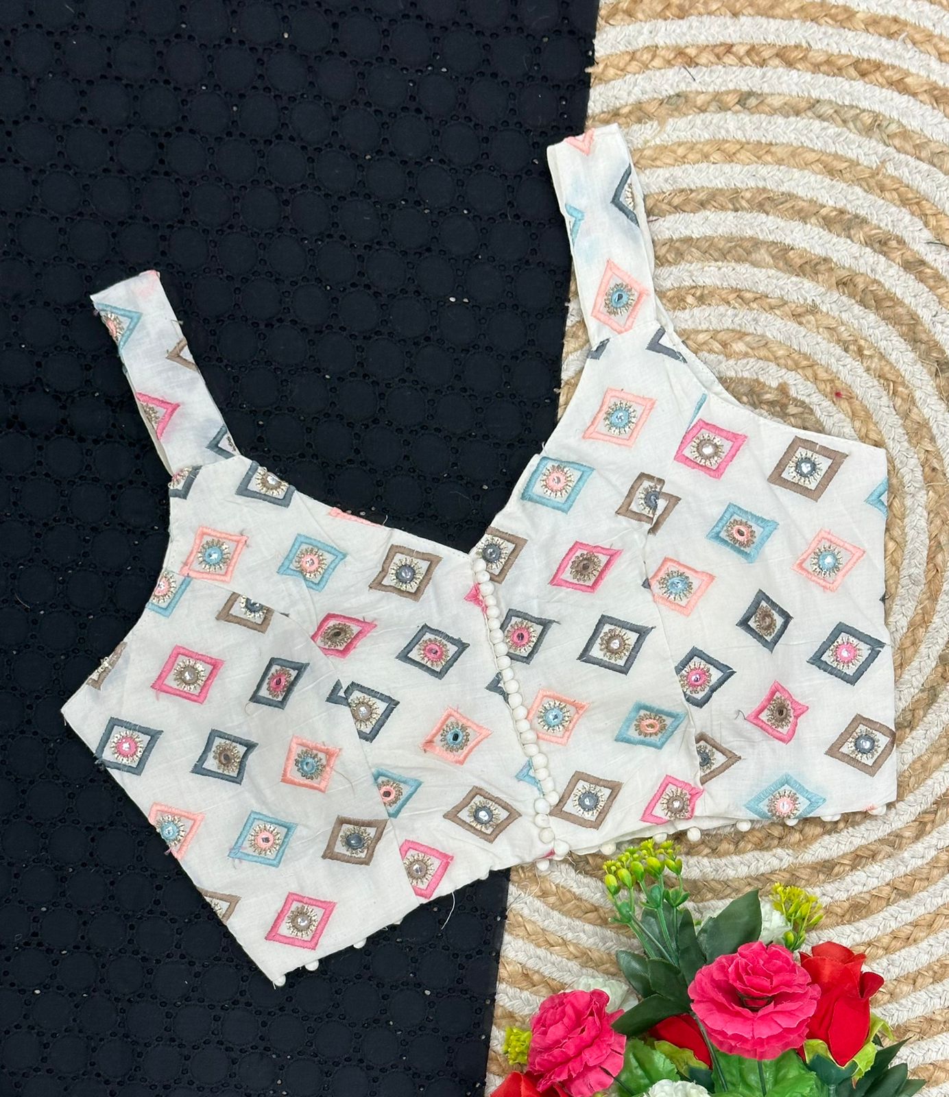 Cambric Cotton Designer Blouse With Embroidery And Sequined Work