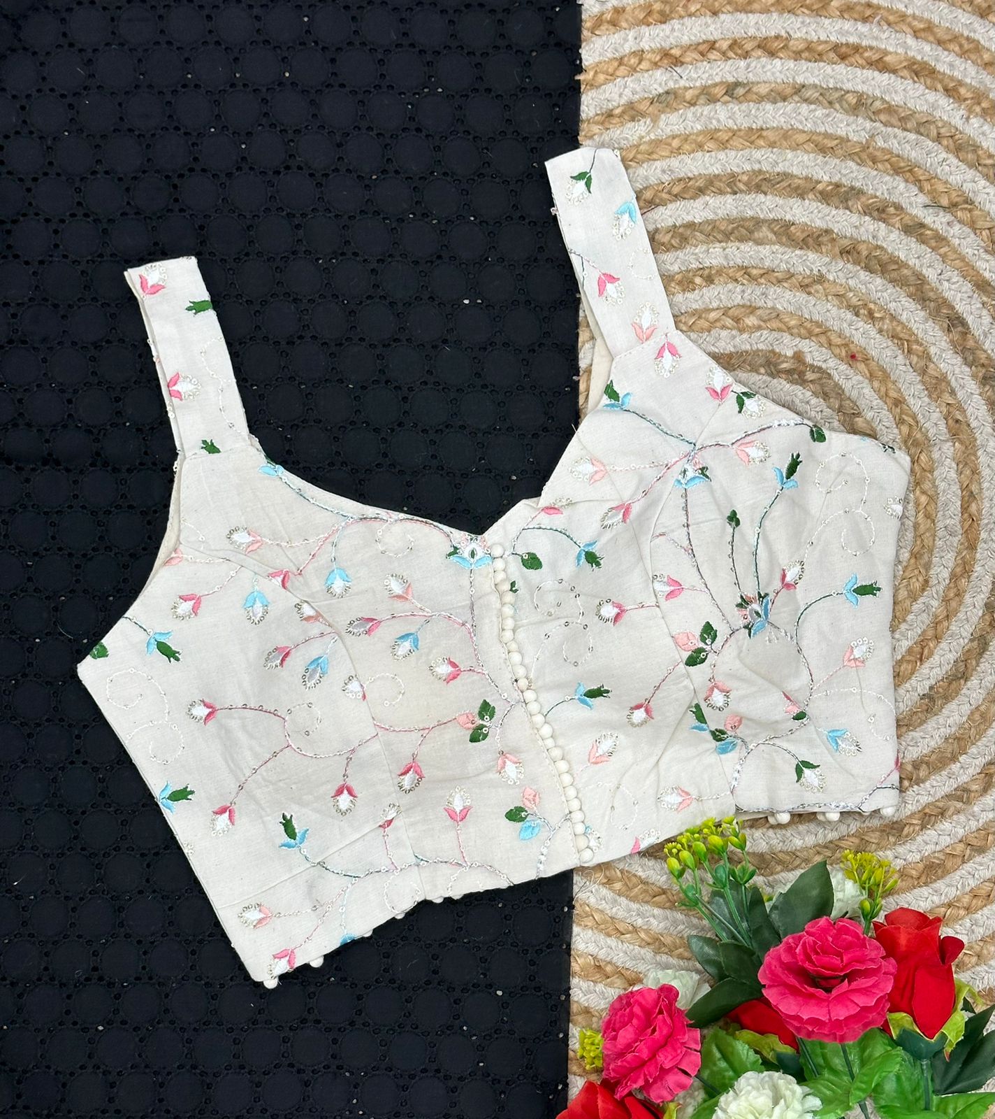 Cambric Cotton Designer Blouse With Embroidery And Sequined Work