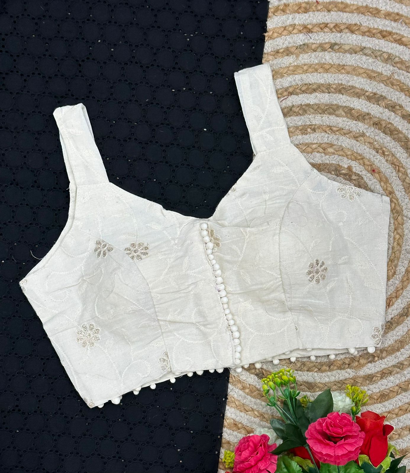 Cambric Cotton Designer Blouse With Embroidery And Sequined Work