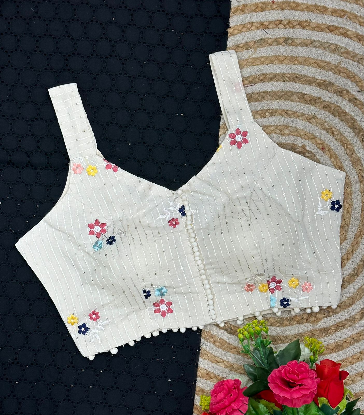 Cambric Cotton Designer Blouse With Embroidery And Sequined Work