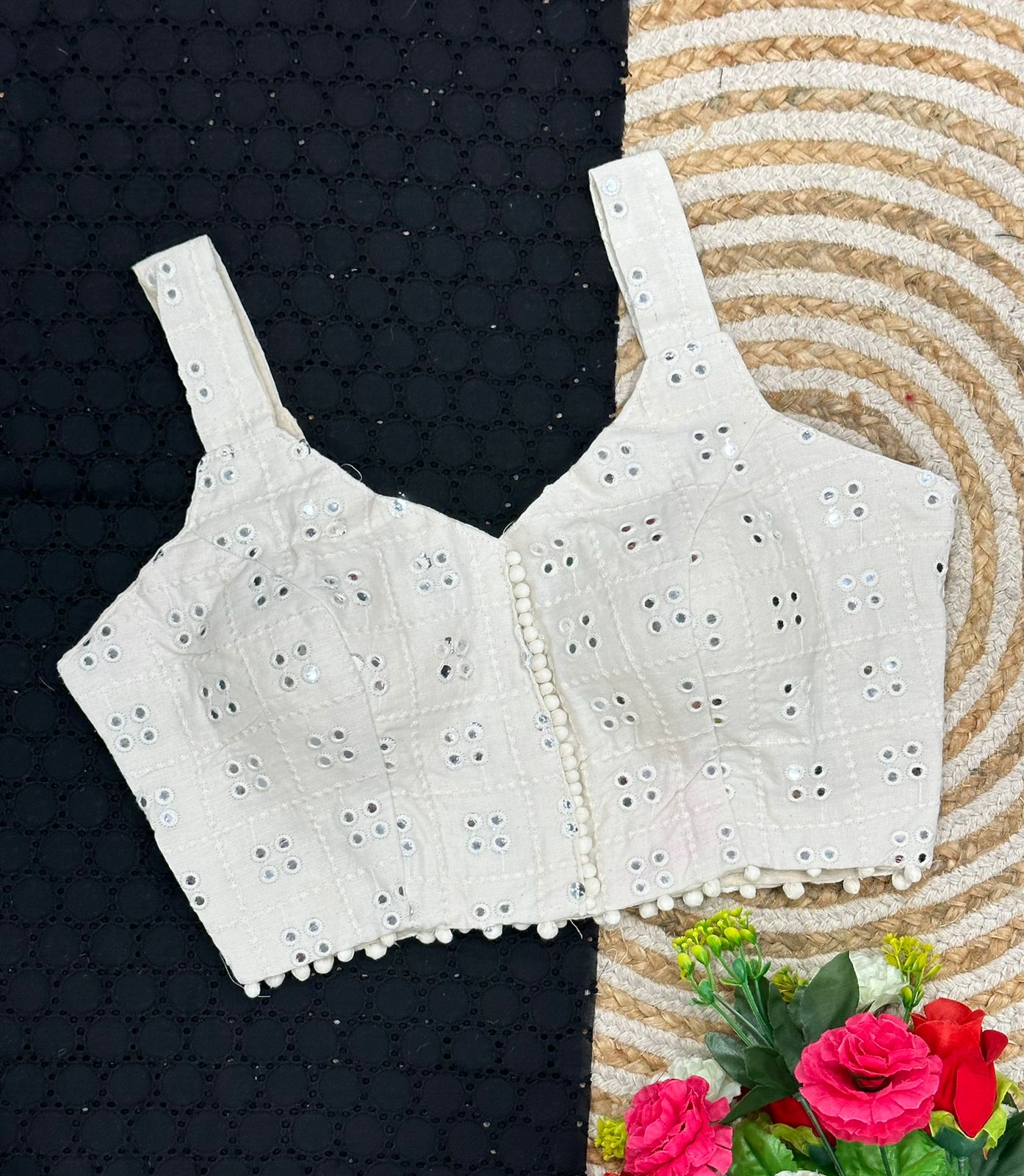 Cambric Cotton Designer Blouse With Embroidery And Sequined Work