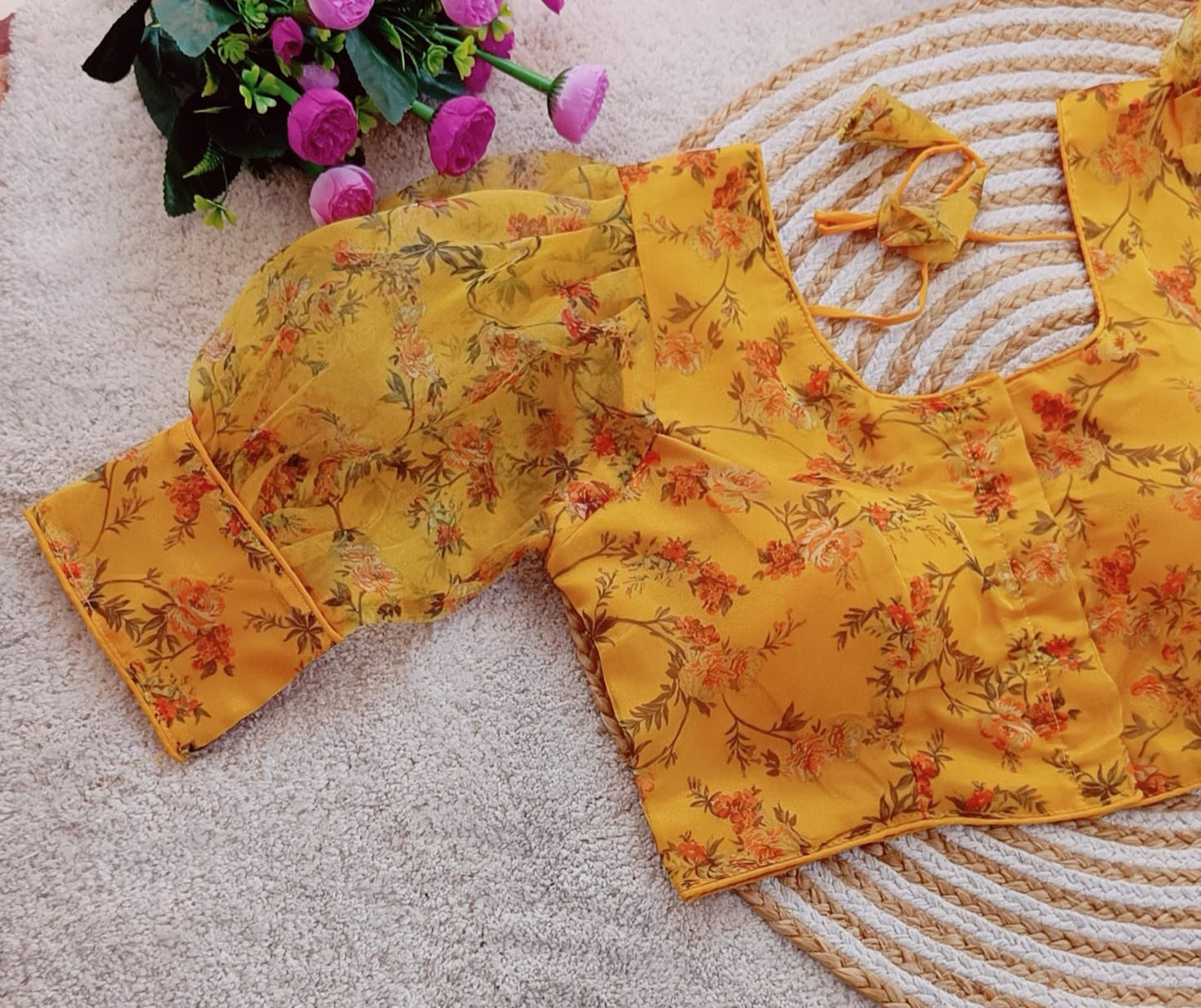 Organza Puff Sleeves Printed Blouse