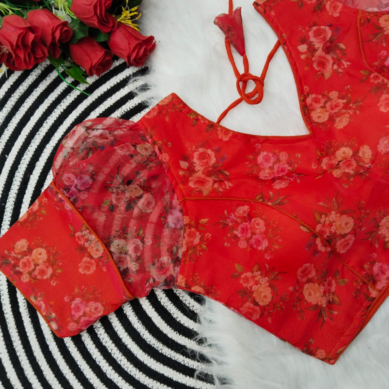 Organza Puff Sleeves Printed Blouse