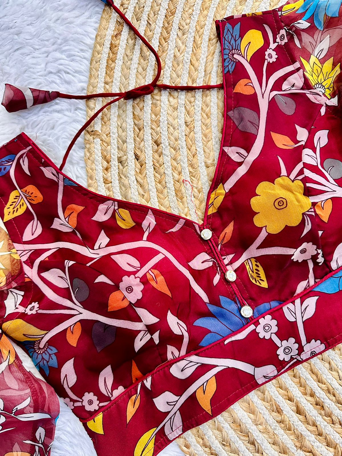 Kalamkari Printed Organza Long Sleeved Designer Blouse