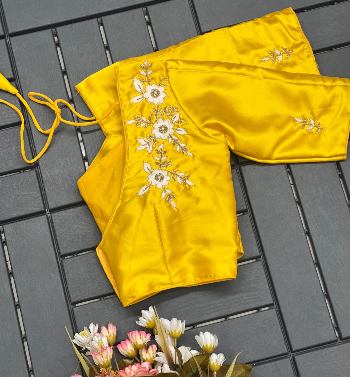 Floral Embroidered Work Silk Blouse With V-Neck At Back