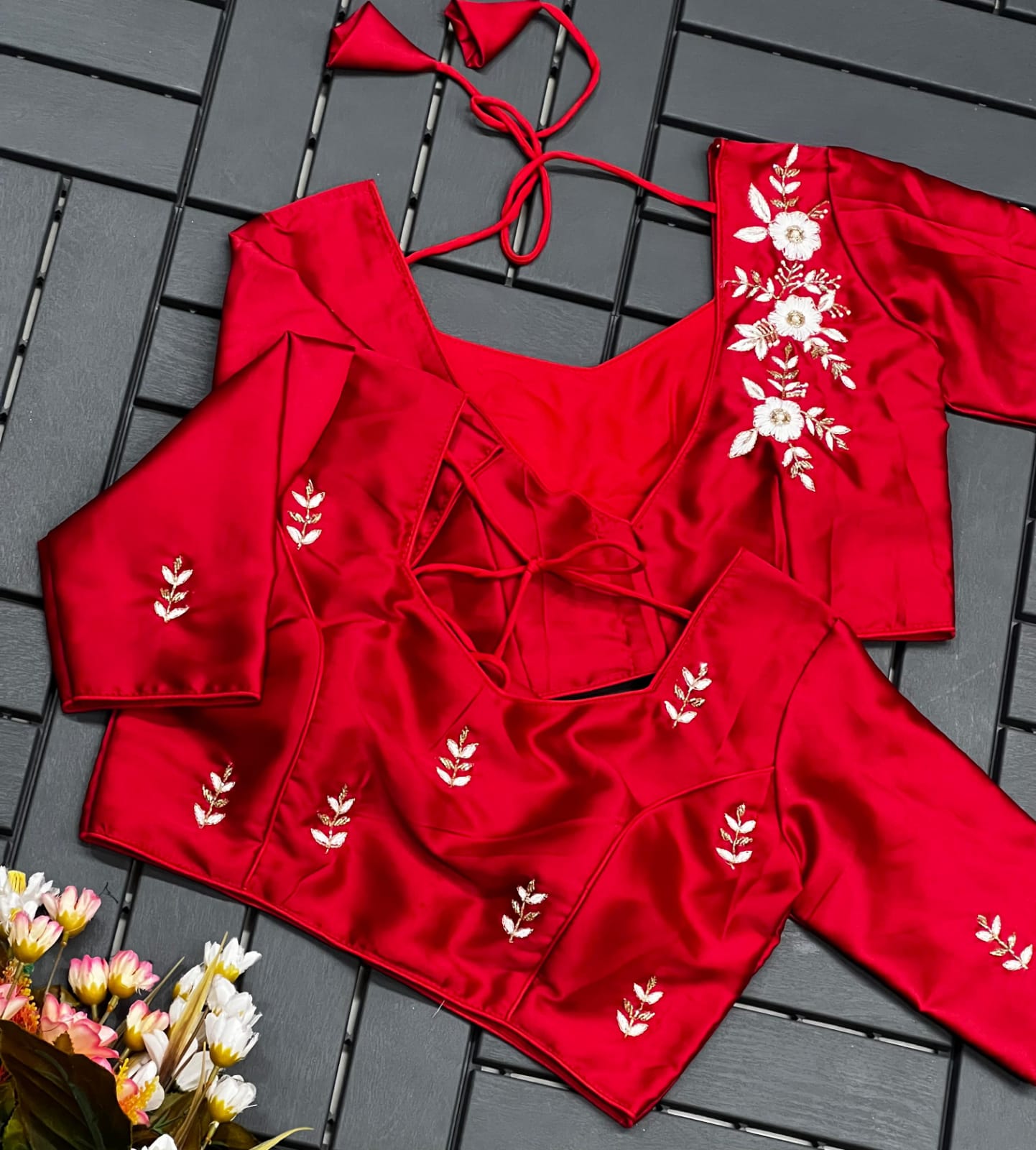 Floral Embroidered Work Silk Blouse With V-Neck At Back