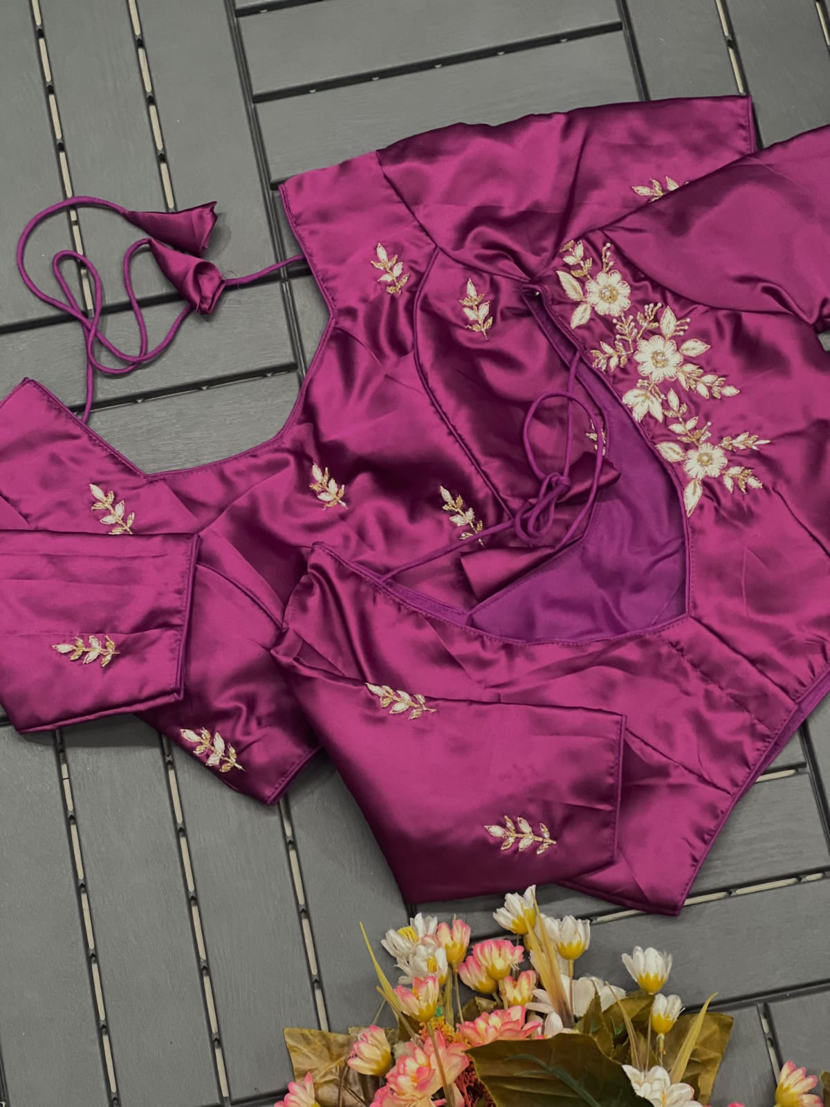 Floral Embroidered Work Silk Blouse With V-Neck At Back