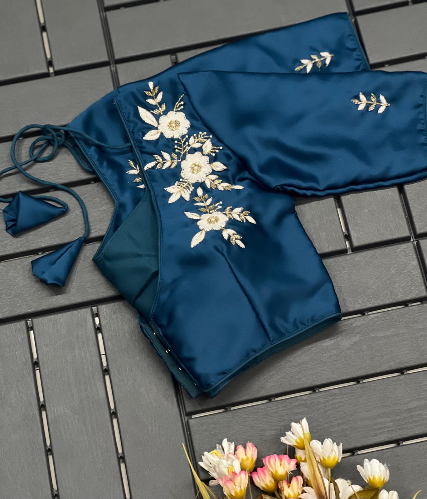 Floral Embroidered Work Silk Blouse With V-Neck At Back