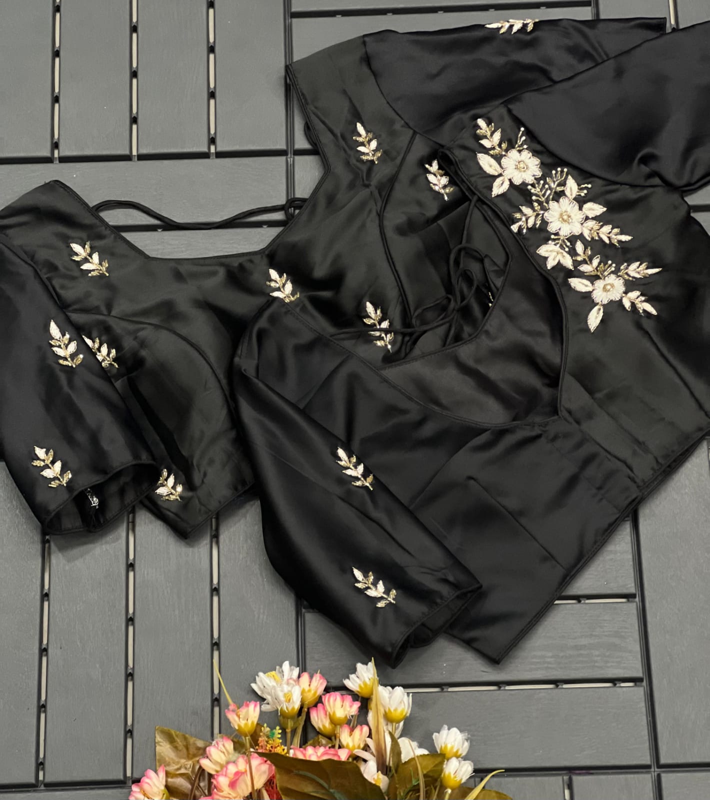 Floral Embroidered Work Silk Blouse With V-Neck At Back