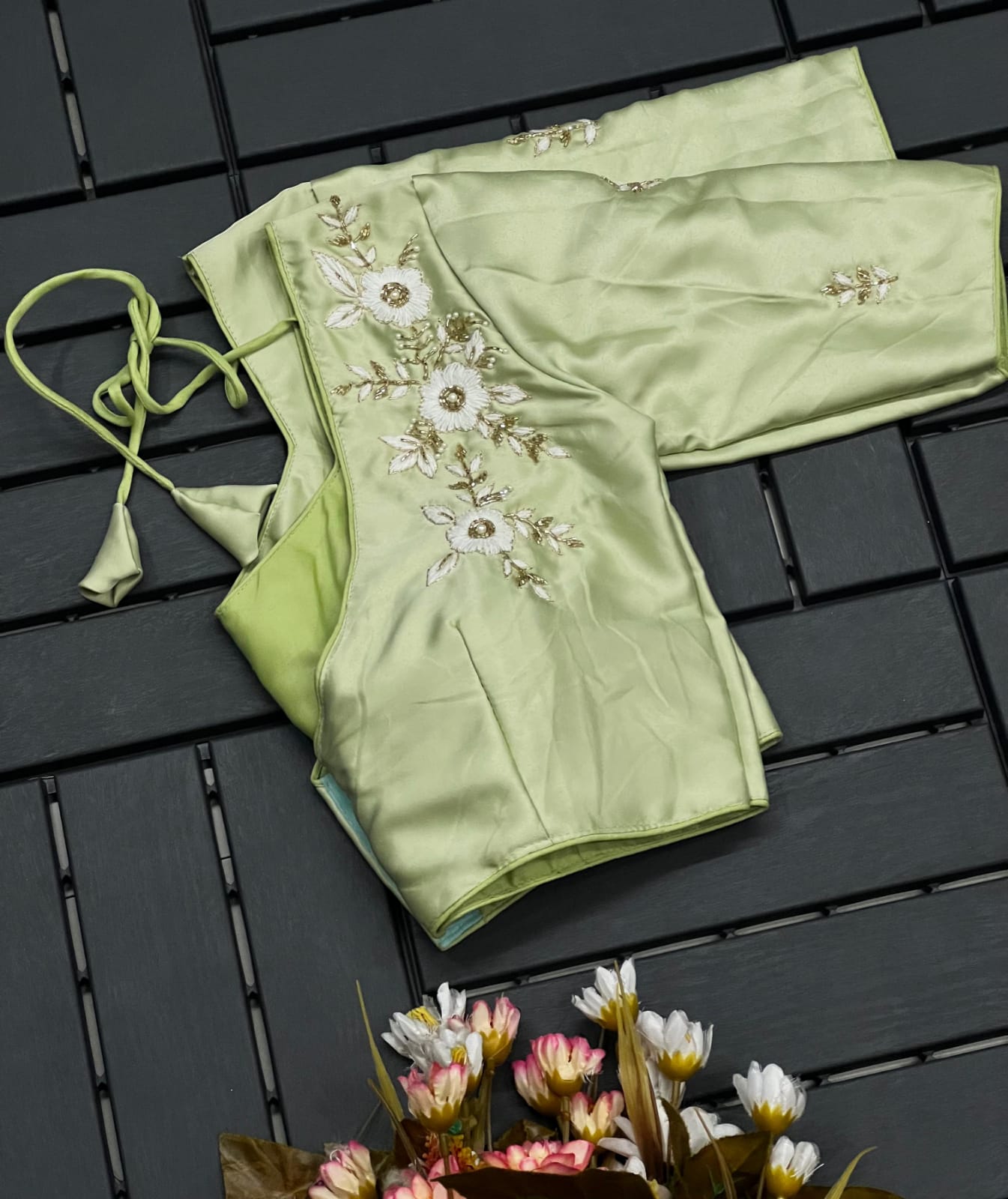 Floral Embroidered Work Silk Blouse With V-Neck At Back