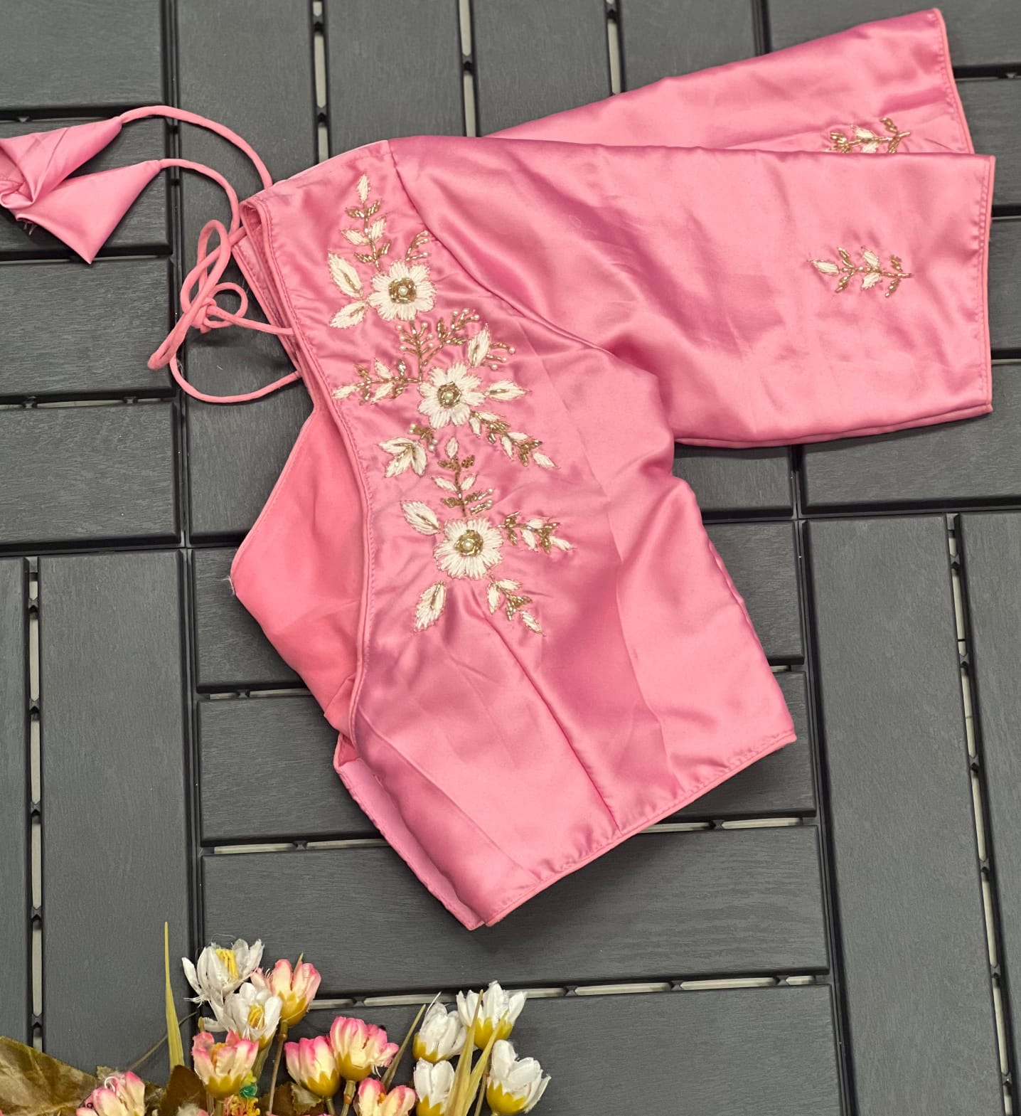 Floral Embroidered Work Silk Blouse With V-Neck At Back