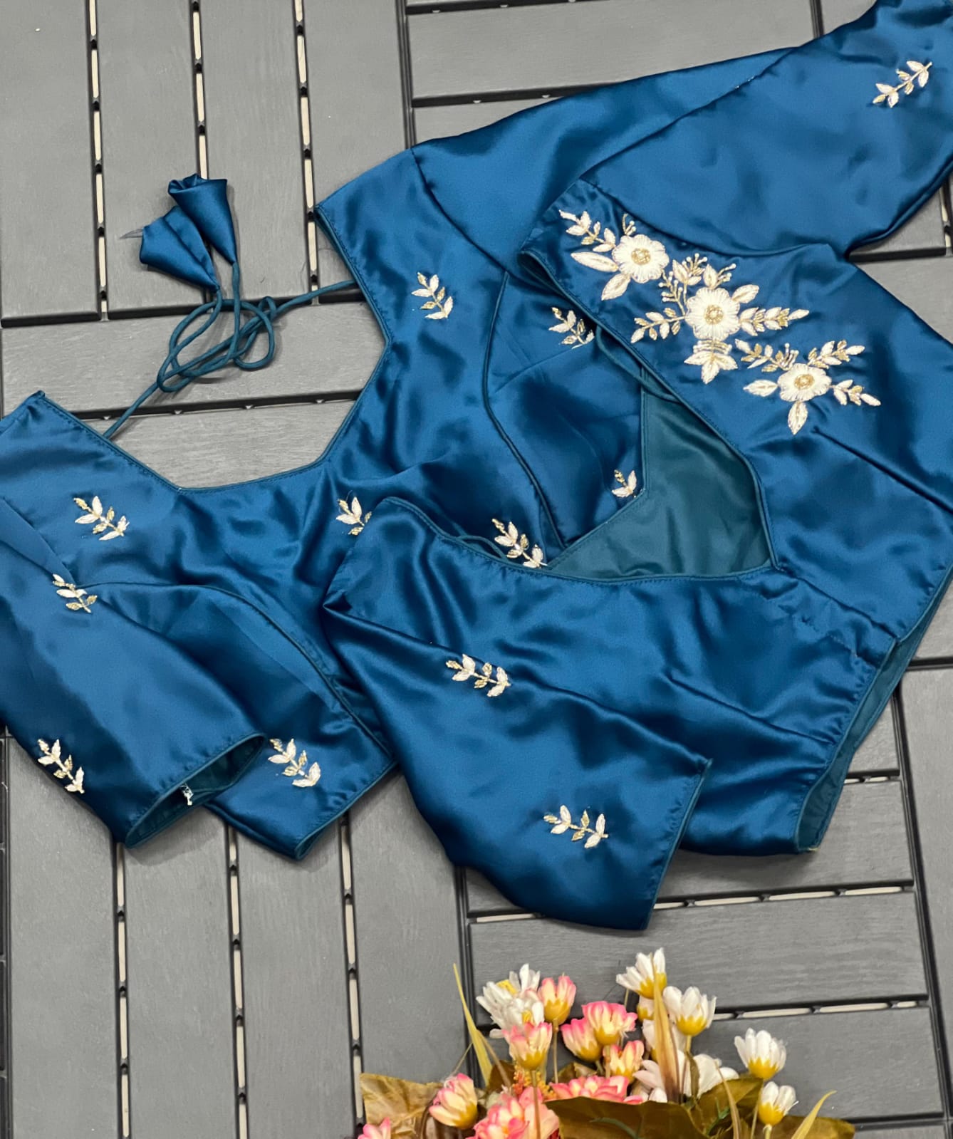 Floral Embroidered Work Silk Blouse With V-Neck At Back