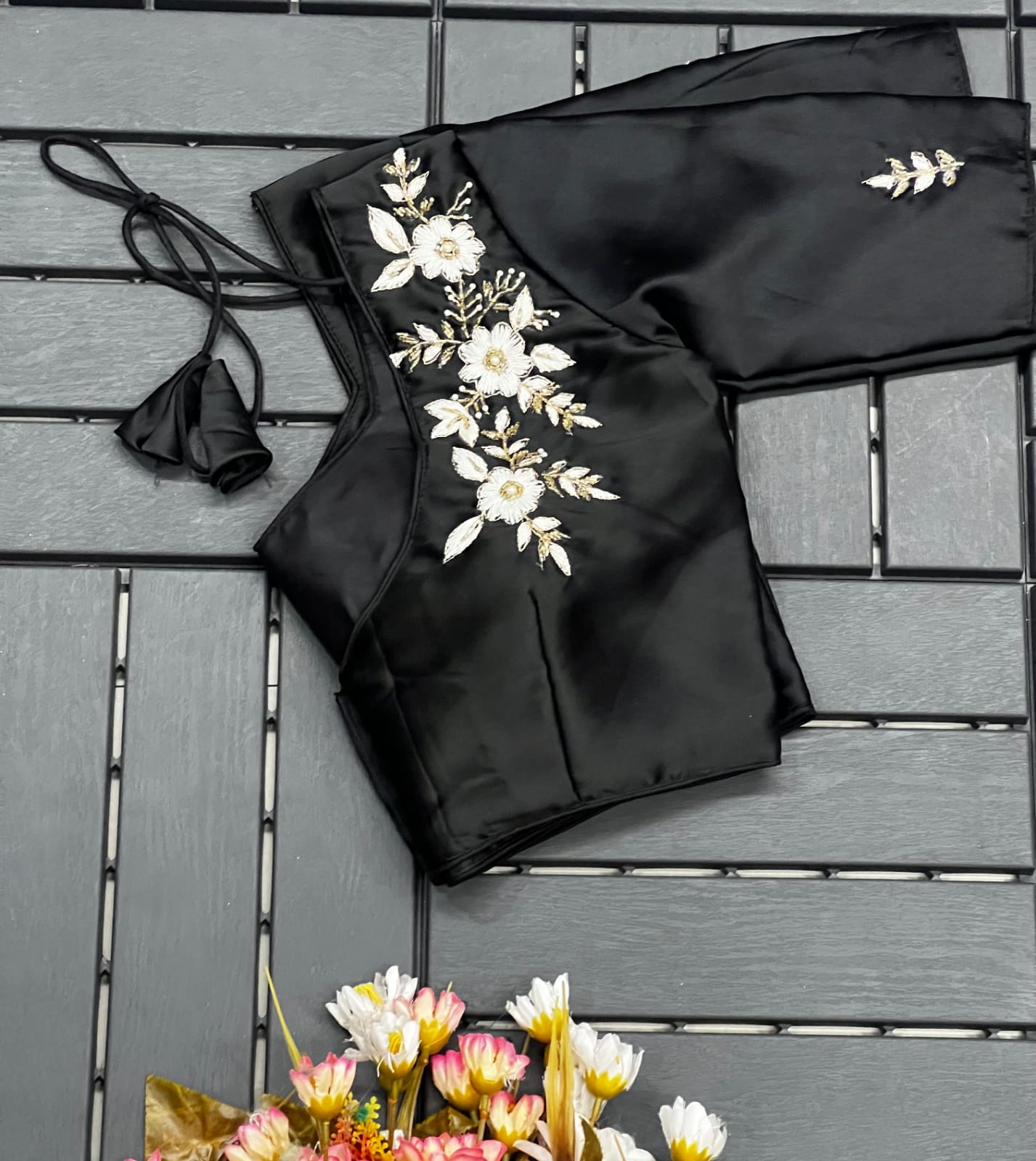 Floral Embroidered Work Silk Blouse With V-Neck At Back