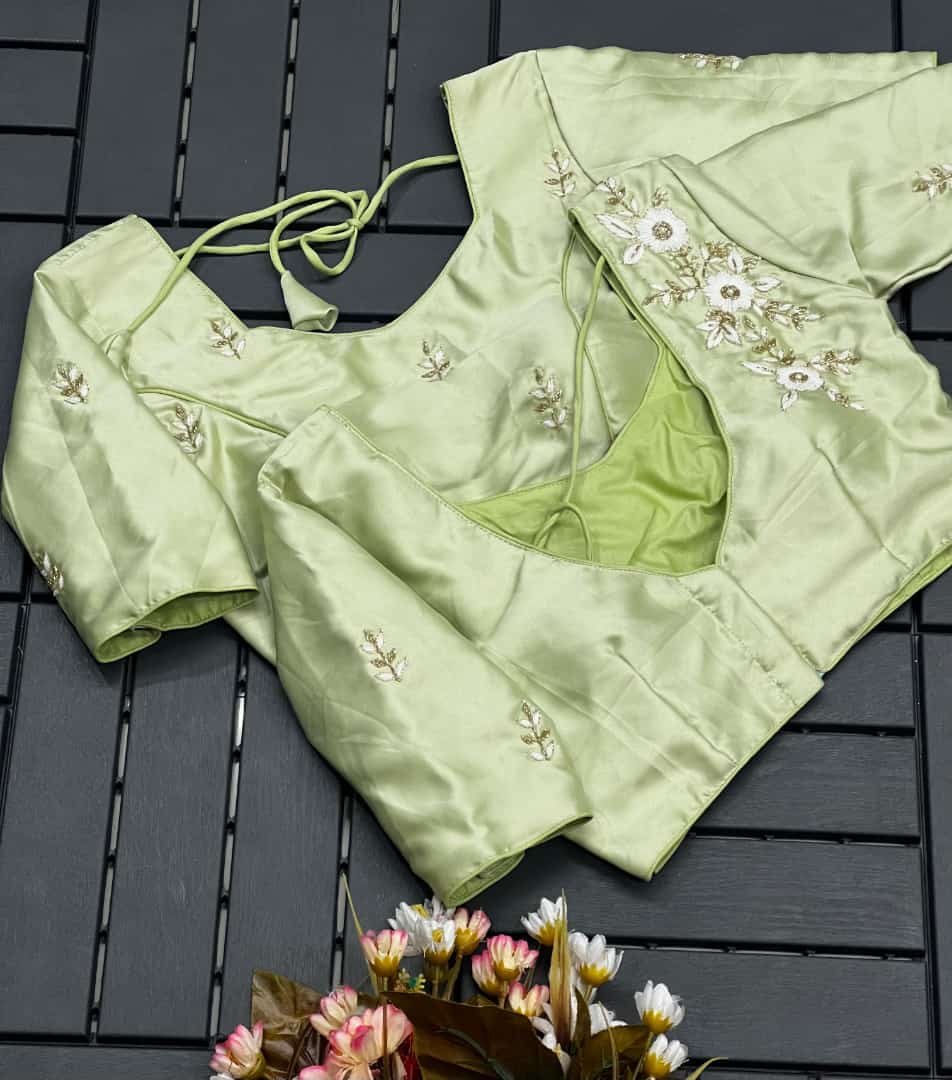 Floral Embroidered Work Silk Blouse With V-Neck At Back