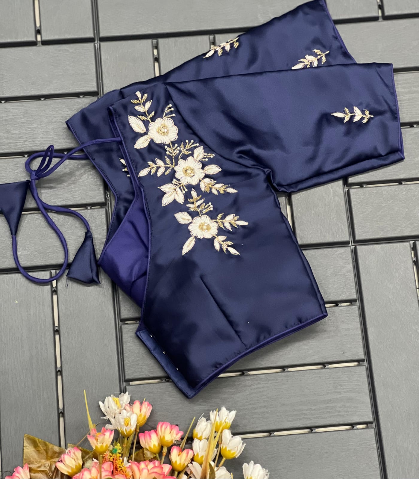 Floral Embroidered Work Silk Blouse With V-Neck At Back