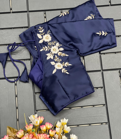 Floral Embroidered Work Silk Blouse With V-Neck At Back