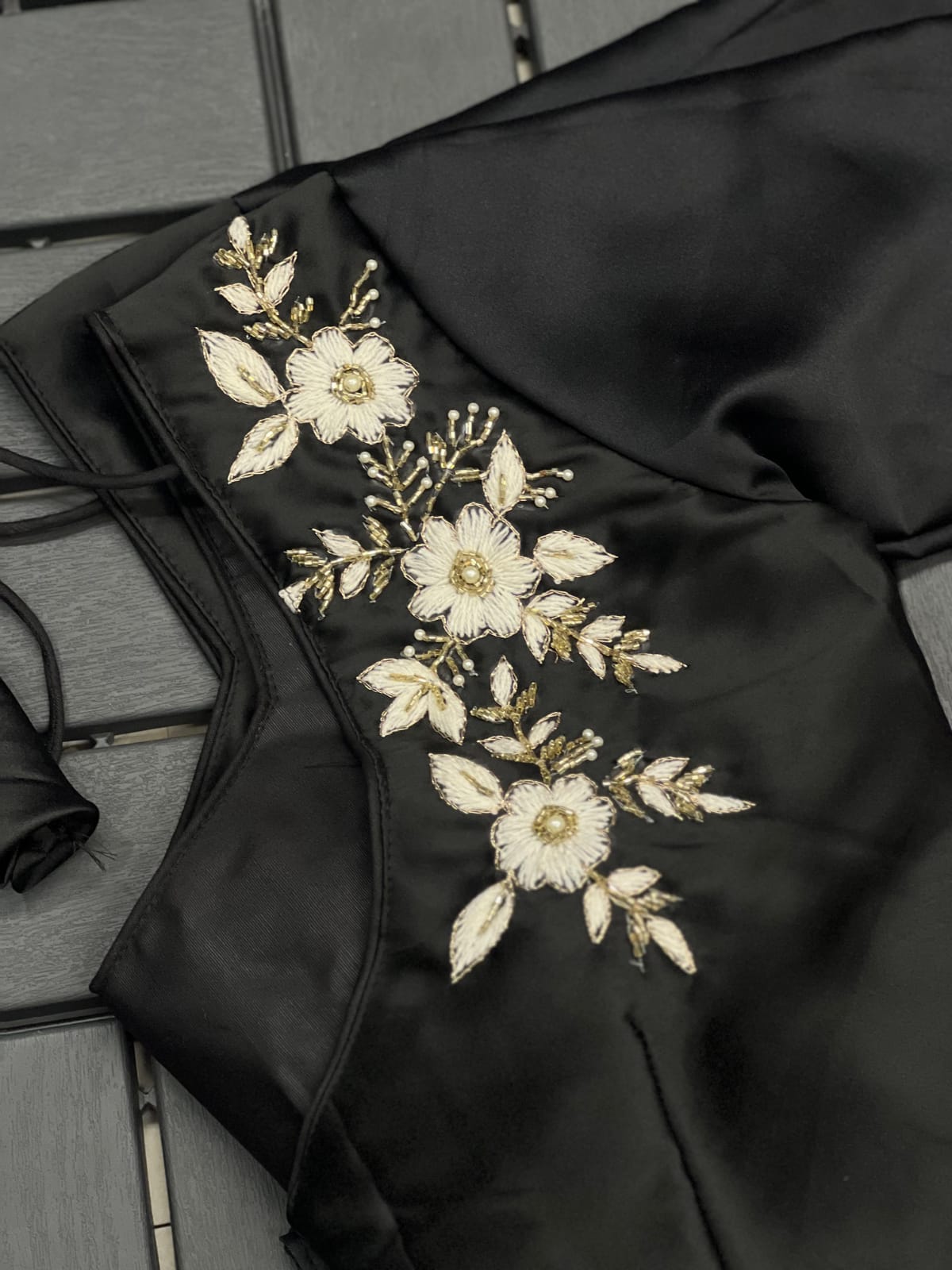 Floral Embroidered Work Silk Blouse With V-Neck At Back