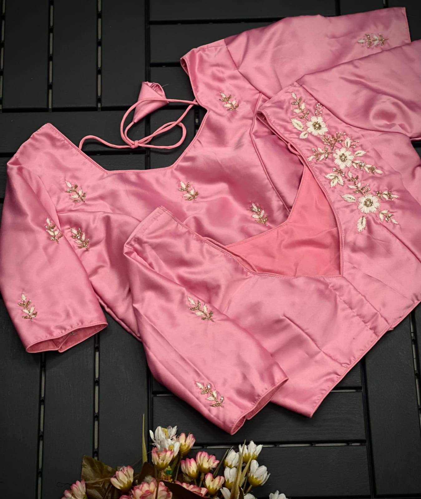 Floral Embroidered Work Silk Blouse With V-Neck At Back