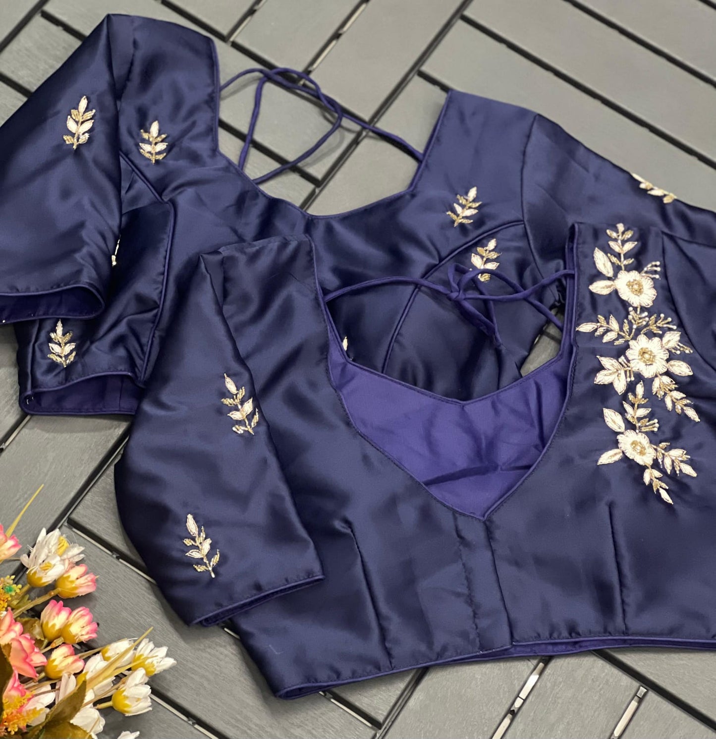 Floral Embroidered Work Silk Blouse With V-Neck At Back
