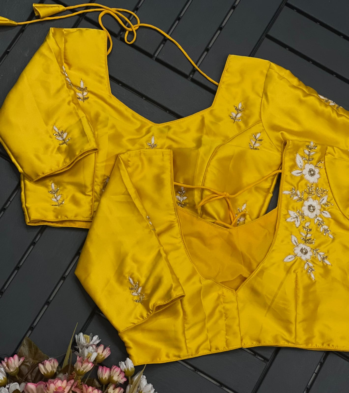 Floral Embroidered Work Silk Blouse With V-Neck At Back