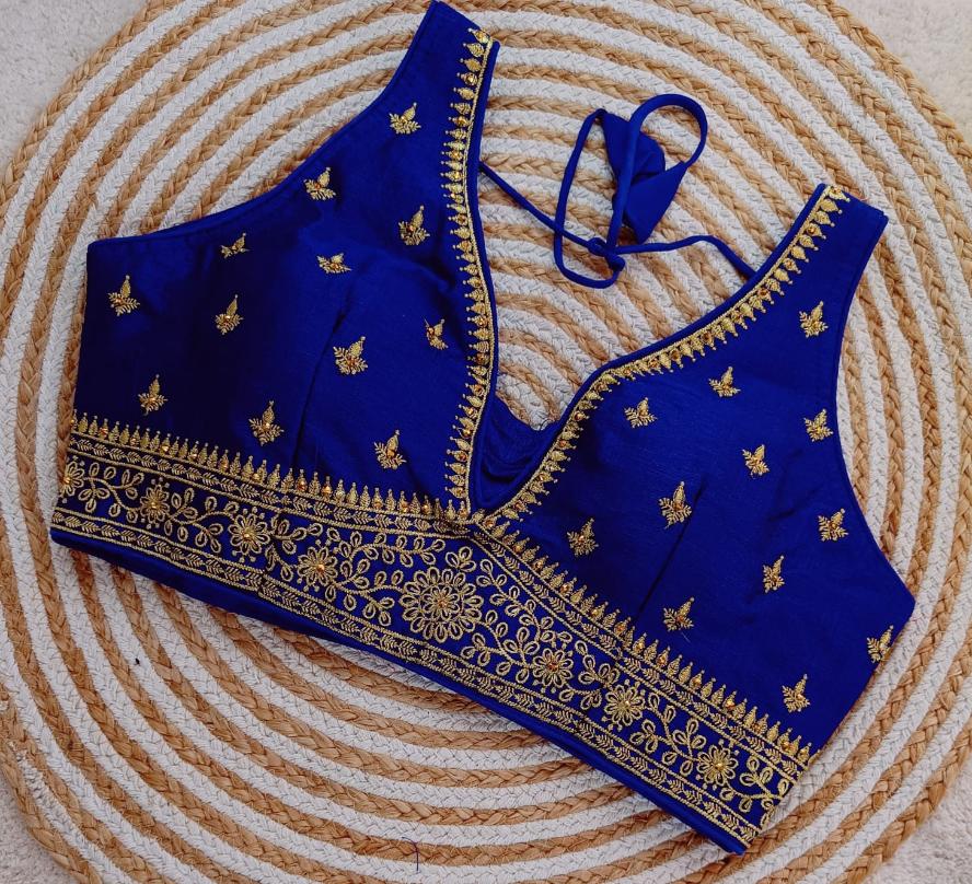 V Neck Embroidered Phantom Silk Blouse With Zari & Sequins Work