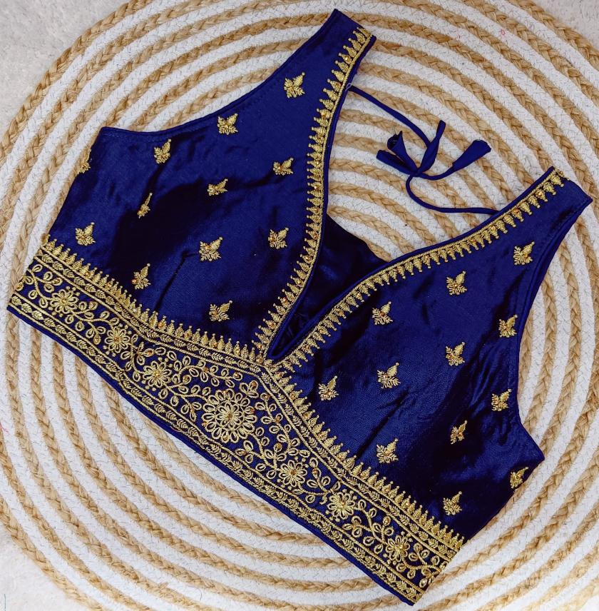 V Neck Embroidered Phantom Silk Blouse With Zari & Sequins Work