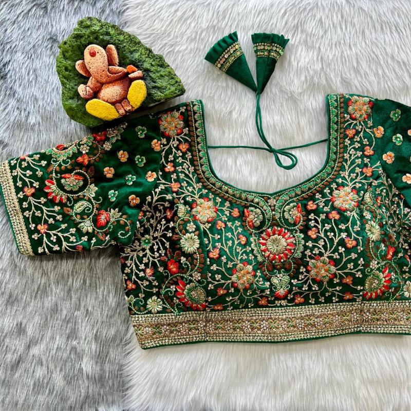 Bridal Wedding Sequin and Zari Embroidered Designer Velvet Blouse- Plus Size