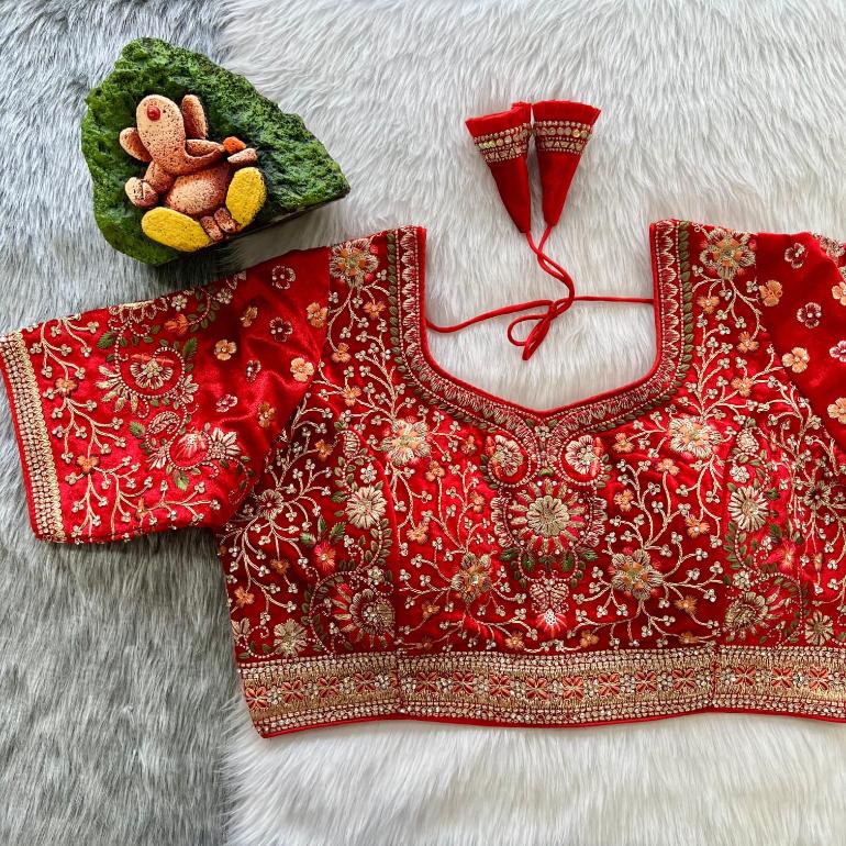 Bridal Wedding Sequin and Zari Embroidered Designer Velvet Blouse- Plus Size