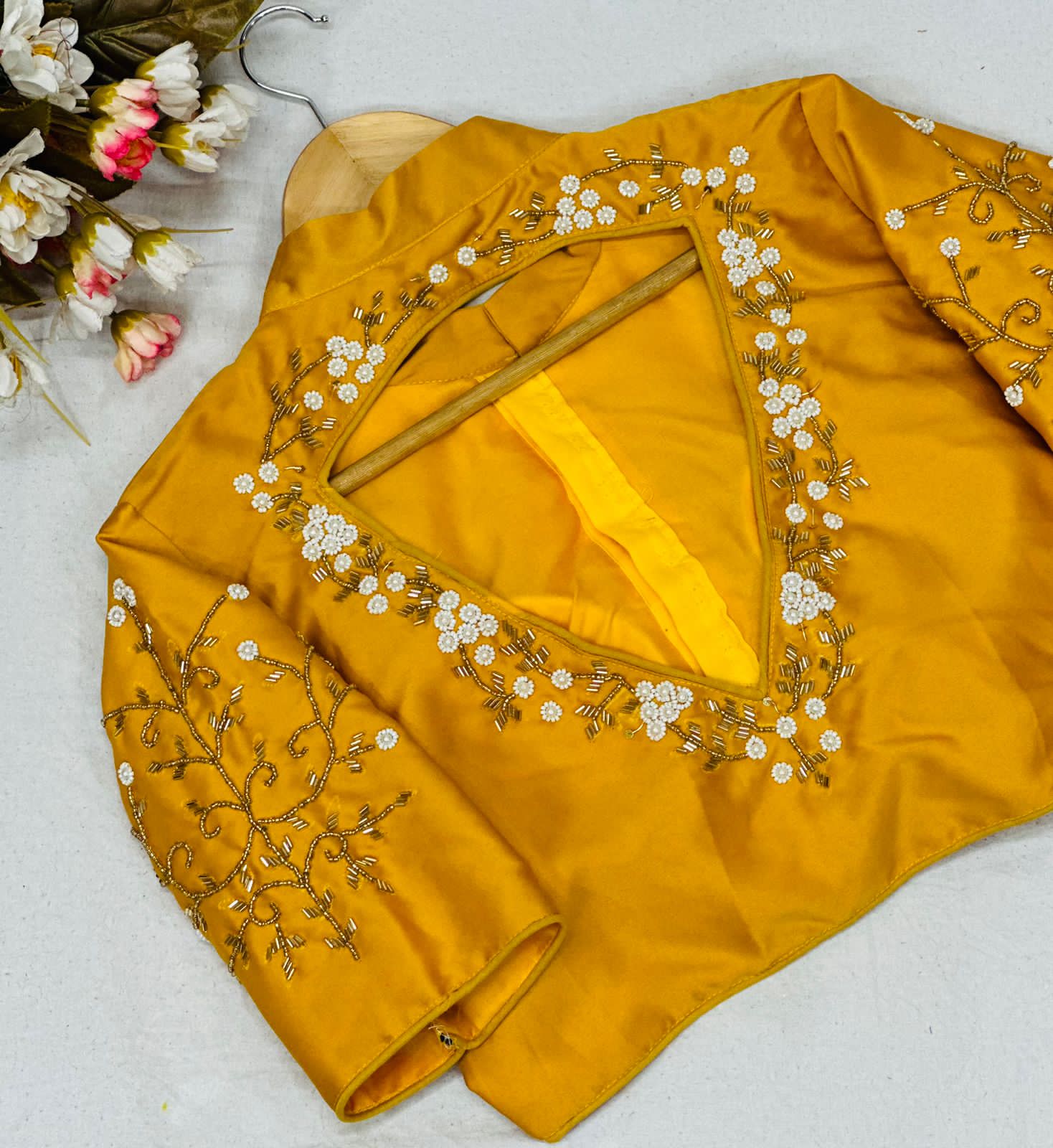 Beaded Handwork Embroidered Silk Blouse With Standing Collar