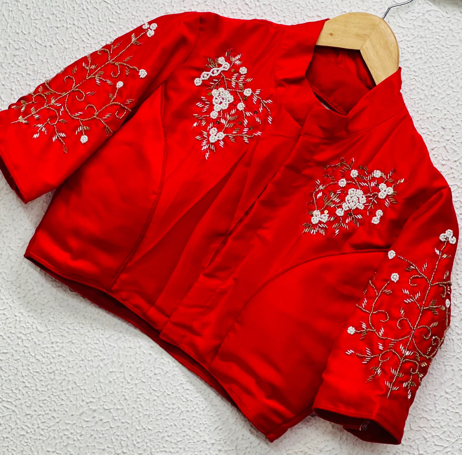 Beaded Handwork Embroidered Silk Blouse With Standing Collar