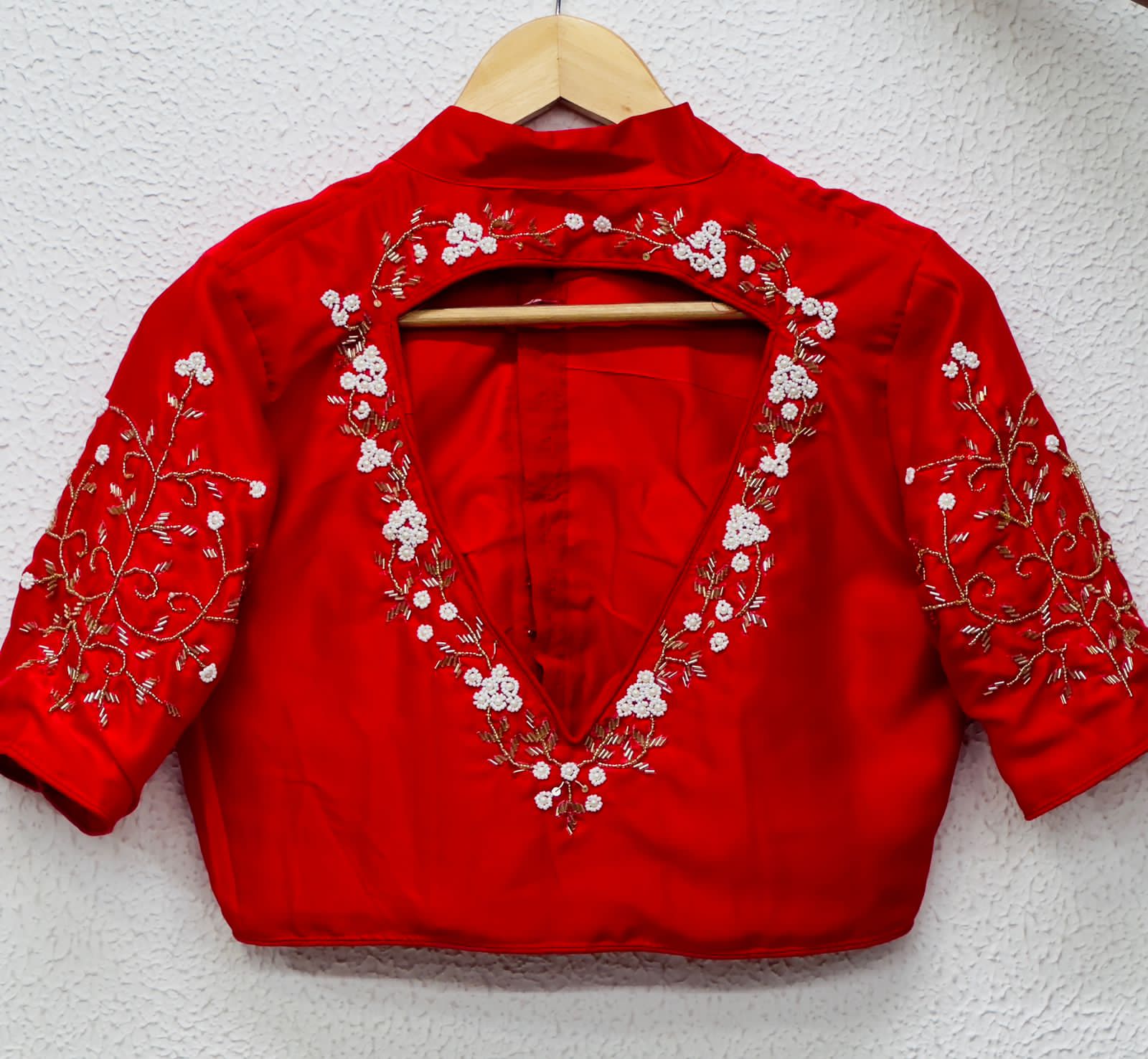 Beaded Handwork Embroidered Silk Blouse With Standing Collar