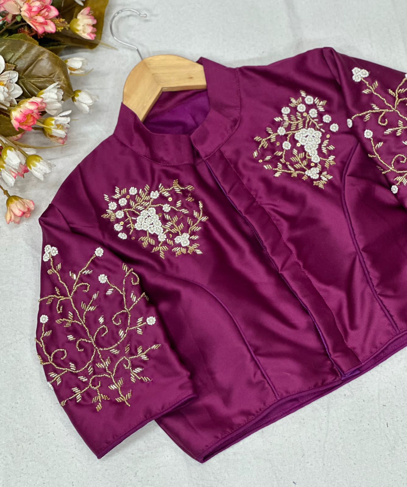 Beaded Handwork Embroidered Silk Blouse With Standing Collar