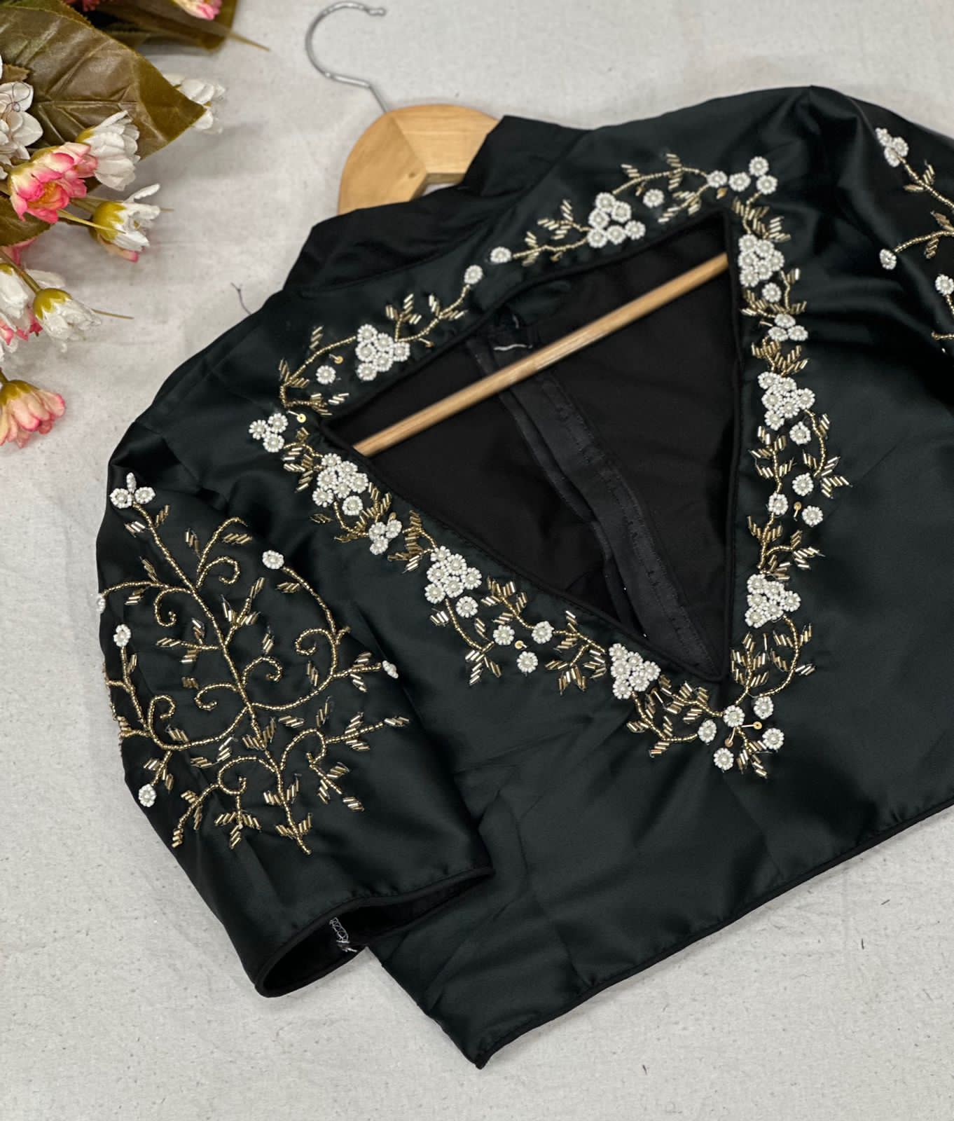 Beaded Handwork Embroidered Silk Blouse With Standing Collar